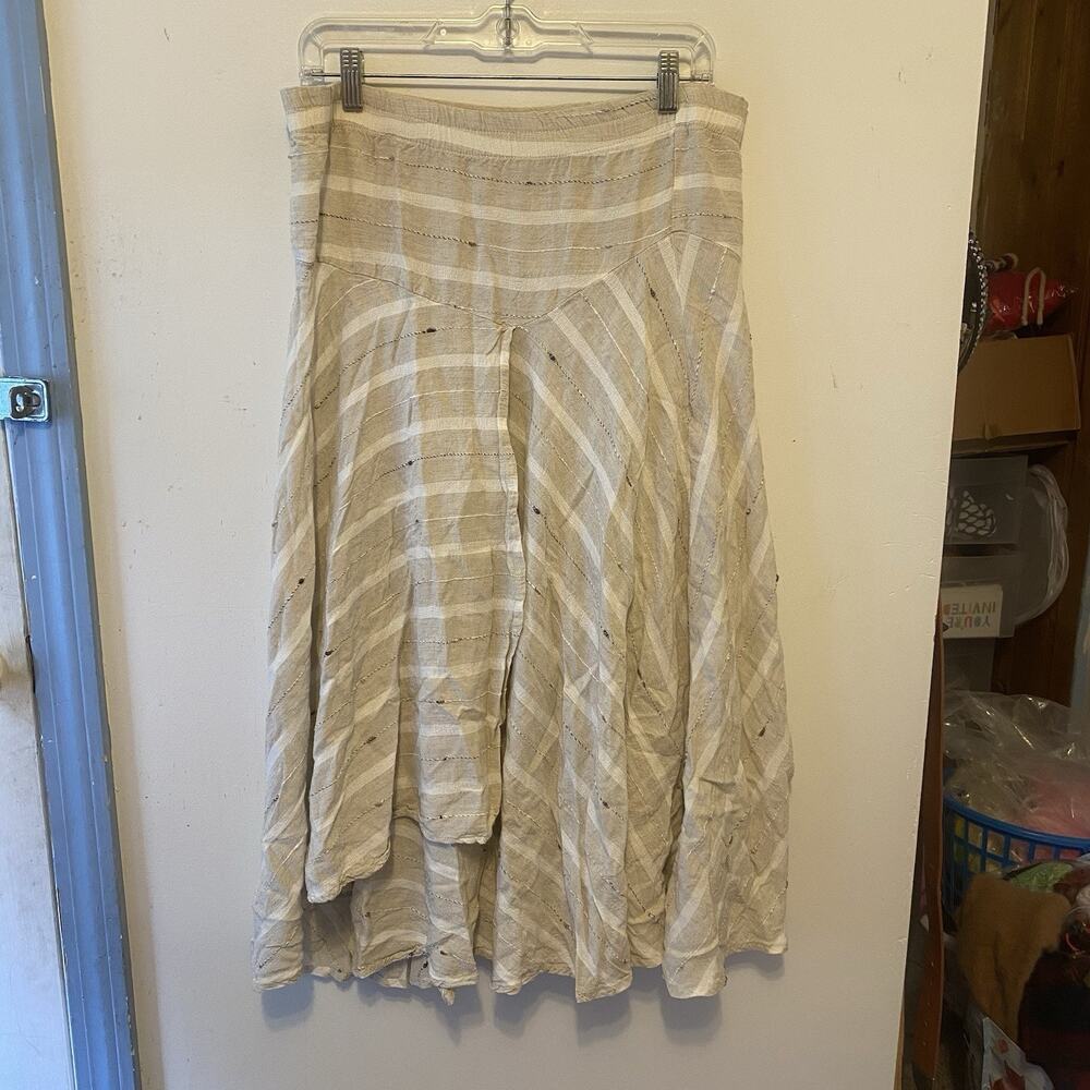 Women L Midi Skirt Bohemian Asymmetrical Natural Beige Linen Blend Striped Beach - Picture 7 of 10